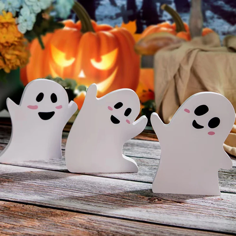 3pcs Cute Ghost Halloween Decoration WoodejStand Tray Decor White Home Shelf Display Desk Office Table Decorate Party Supply