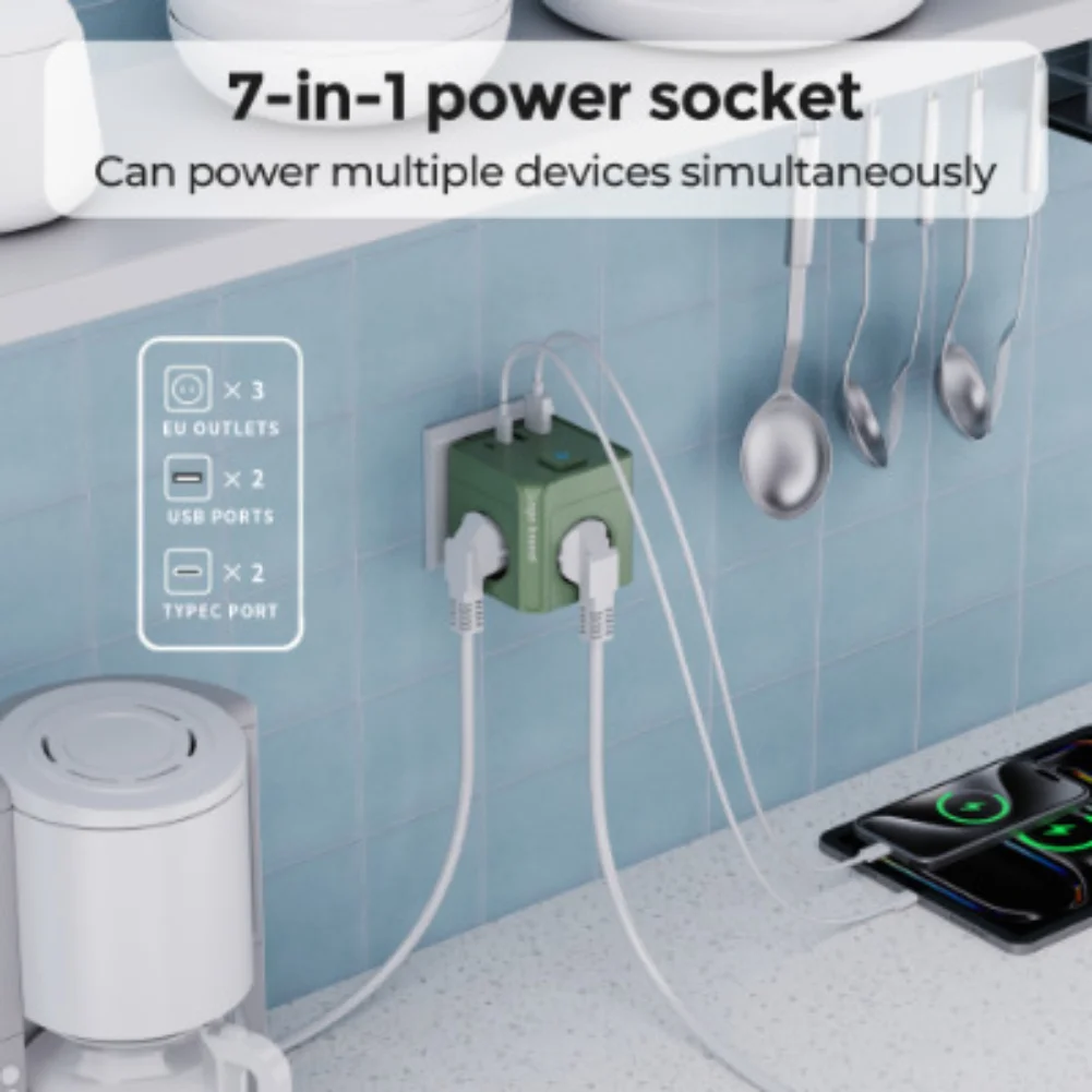 1 شريط طاقة 7 في 1 للاتحاد الأوروبي، واقي عرام قطاع الطاقة، سلك تمديد بطول 1.5 متر، 3 منافذ تيار متردد 3 USB 1 Type-C، توقيت إيقاف شحن سطح المكتب #2
