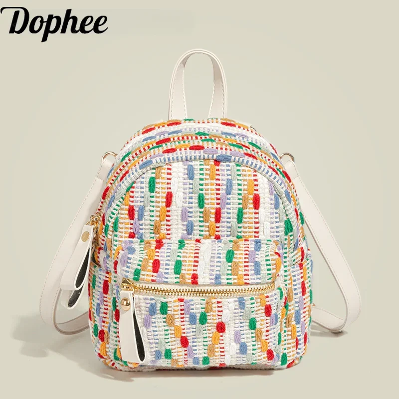 Dophee Original Rainbow Knitted Backpacks Women 2024 New Fashion Small Schoolbag All-match Convenient Travel Rucksack Business