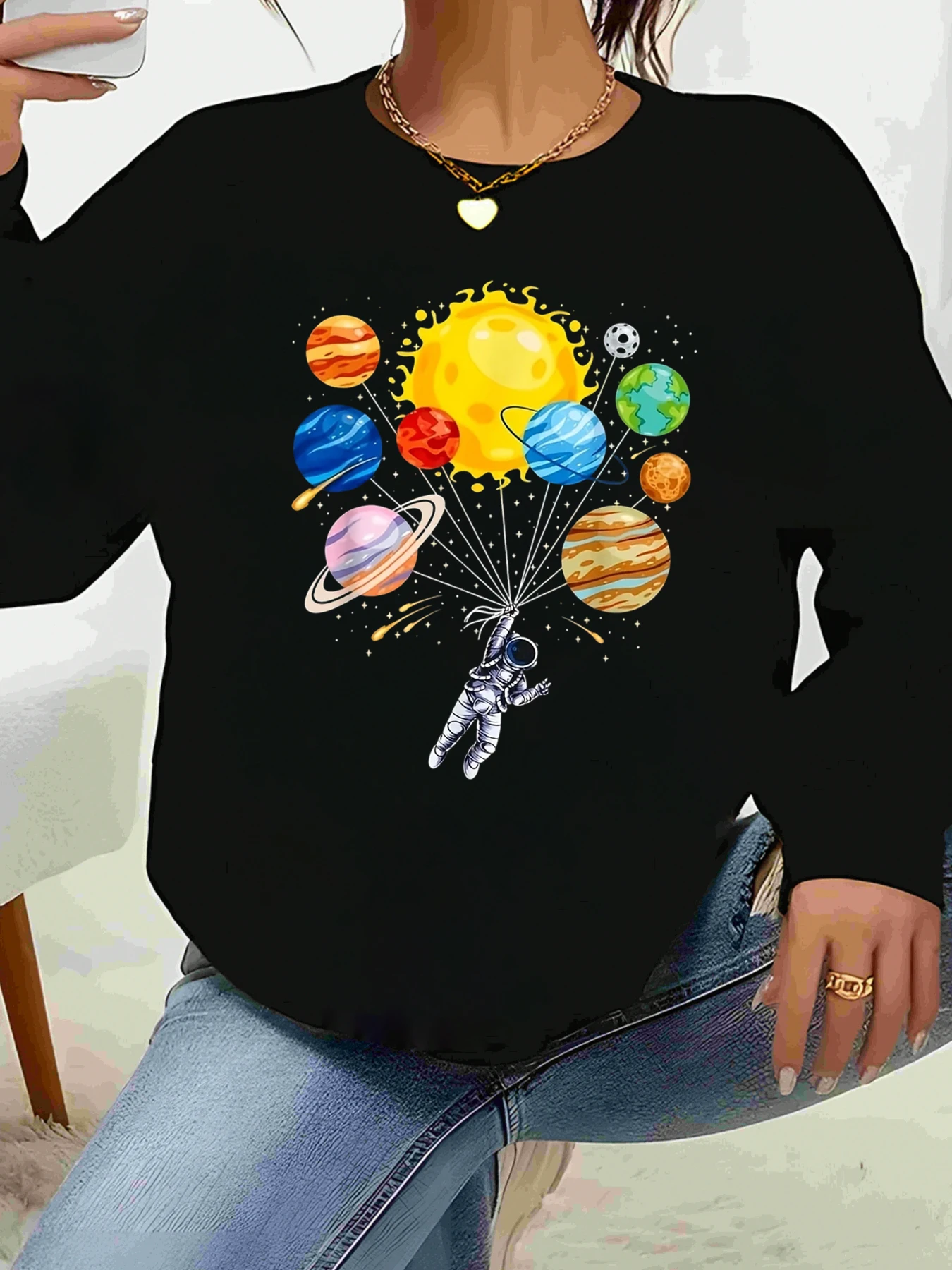 

Space Astronaut Planets Solar System Print Long Sleeve Sweater Casual Wear Women's Fashion