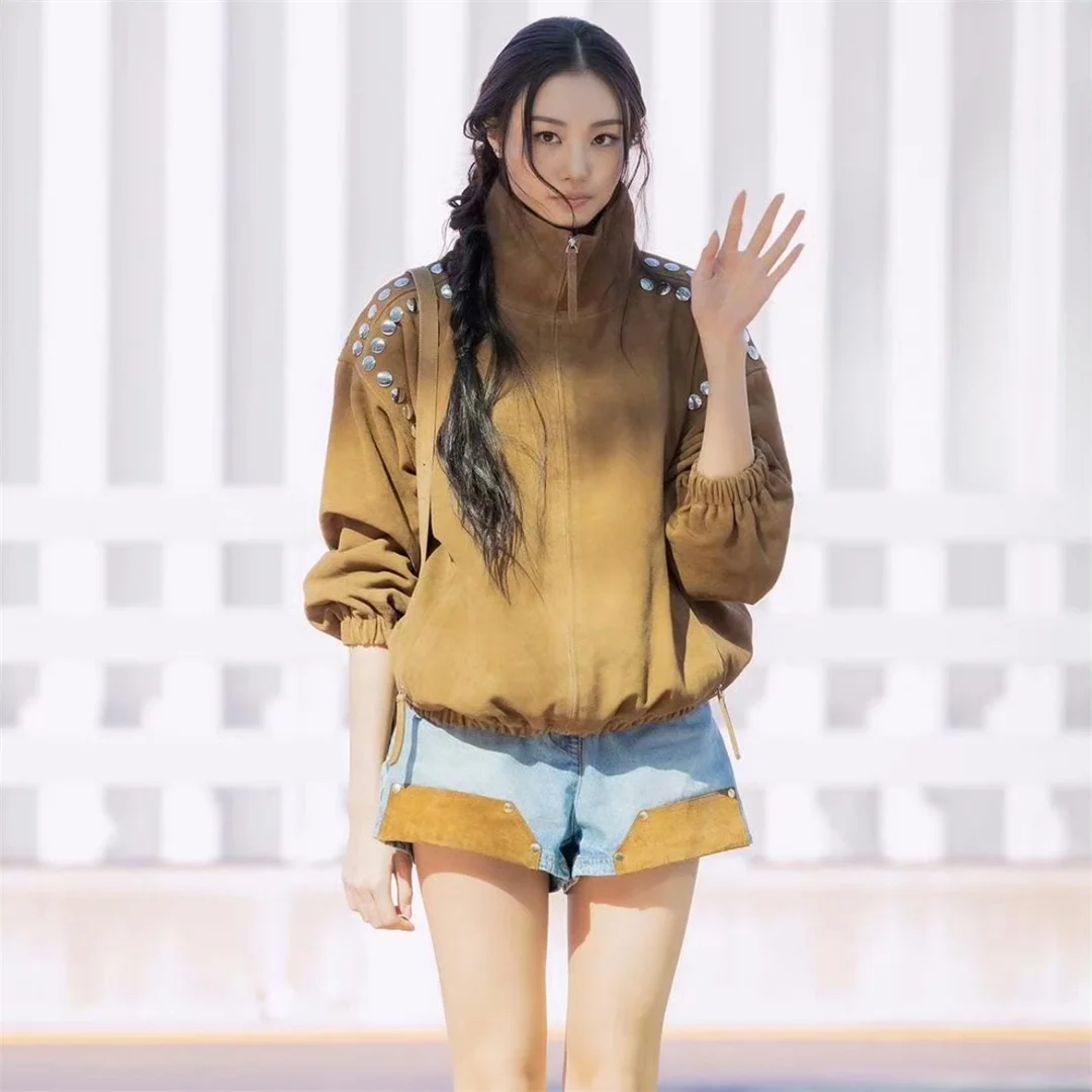 

Retro Style French Suede Jacket Shorts Rivet Decorated Denim Jeans Women's Warm Loose Fit Spring Fashion Outerwear