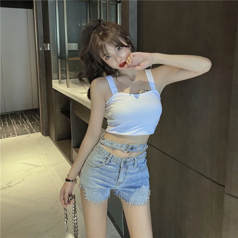 Sweet Elegant 2023 Women Sexy High Waist Beading Blue Denim Shorts Summer Female Korean Y2k New Solid Color Shorts Zipper Shorts