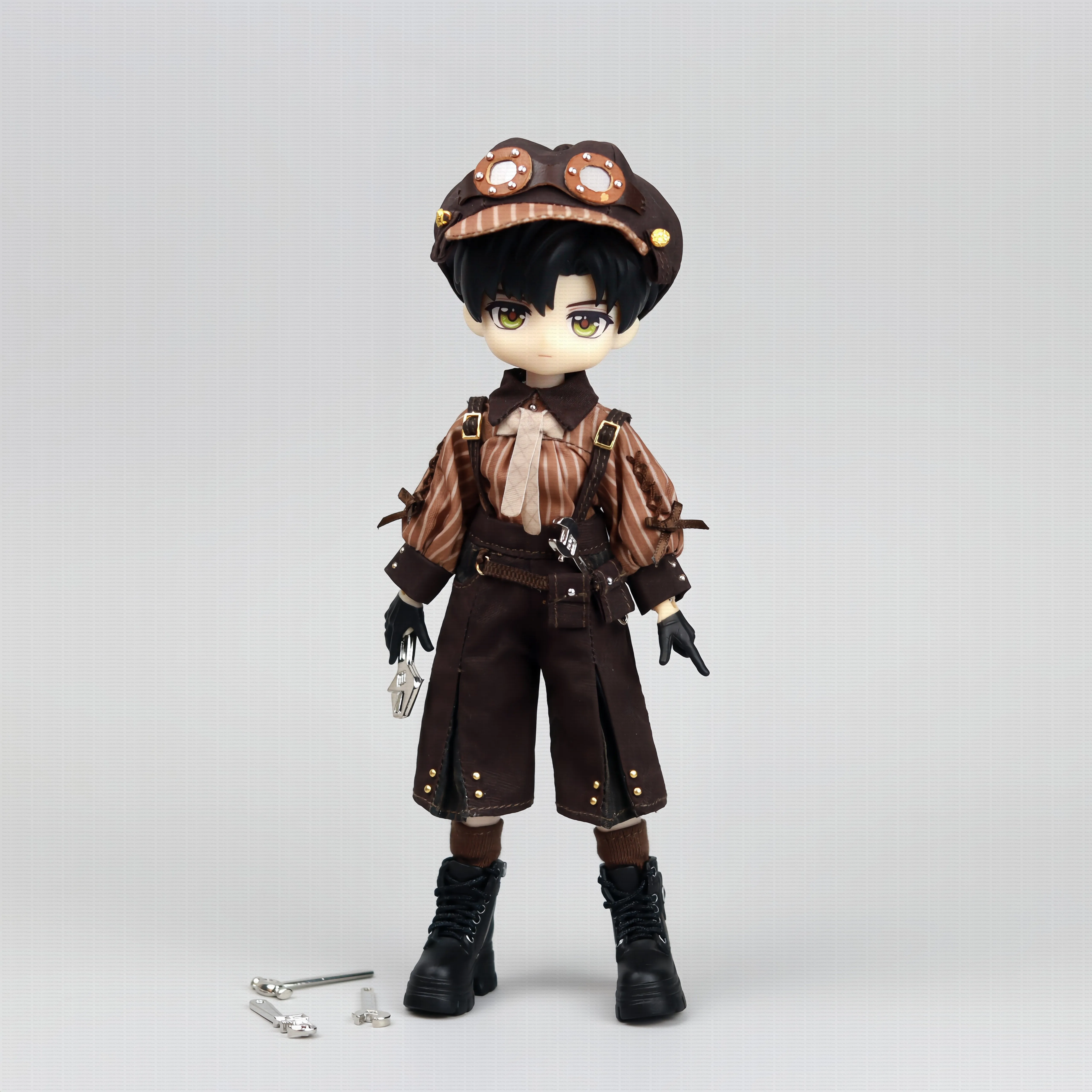 1/12 Steampunk Mechanic Doll Outfit Striped Shirt Suspender Pants Socks Hat Full Set Fit OB11 AShi 2 Fairy Mini BJD Doll Optiona