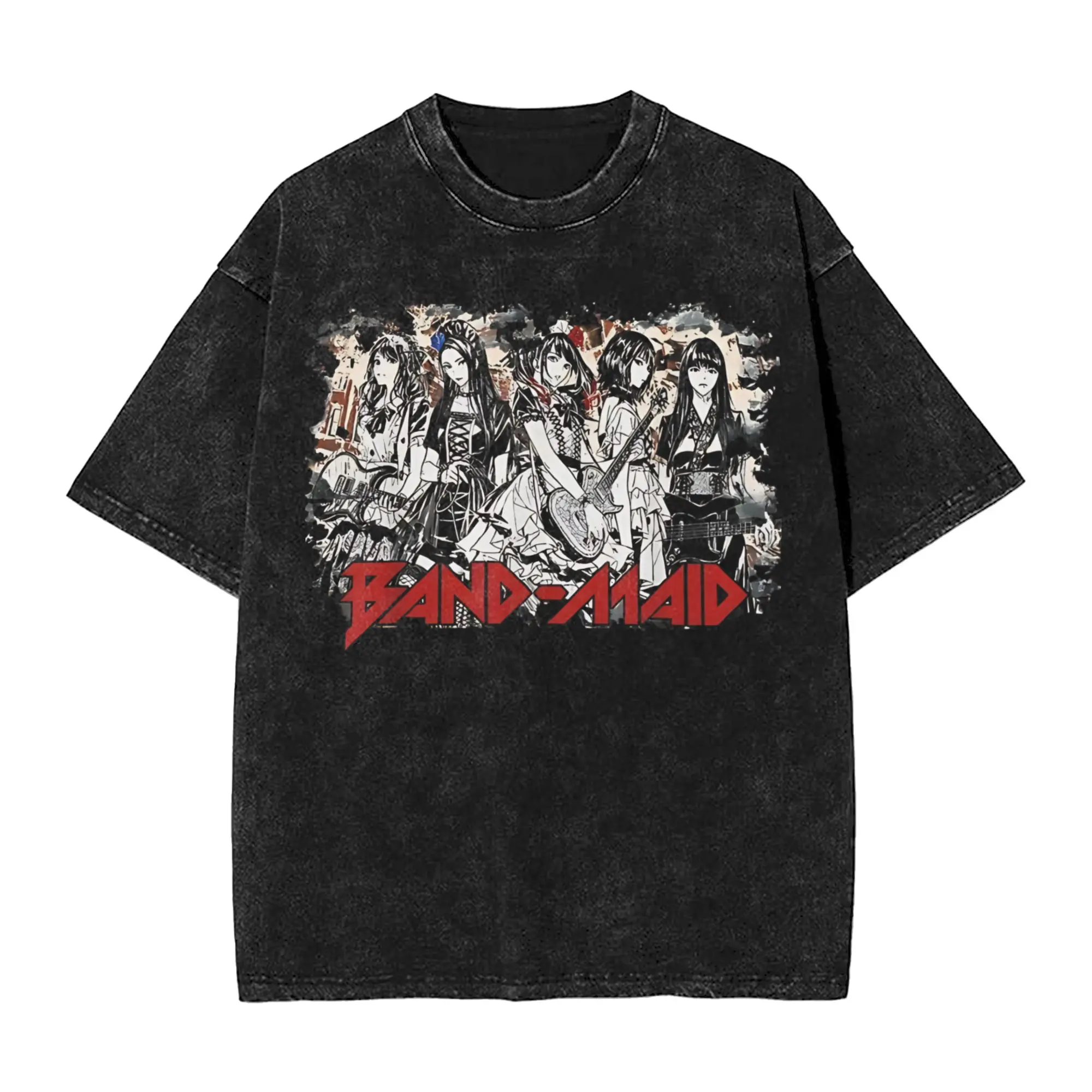 Girls Attack Band Maid T Shirt Hip Hop Washed Cotton Street T-Shirts  Retro for Men Women Tops Streetwear Graphic Printed Tees