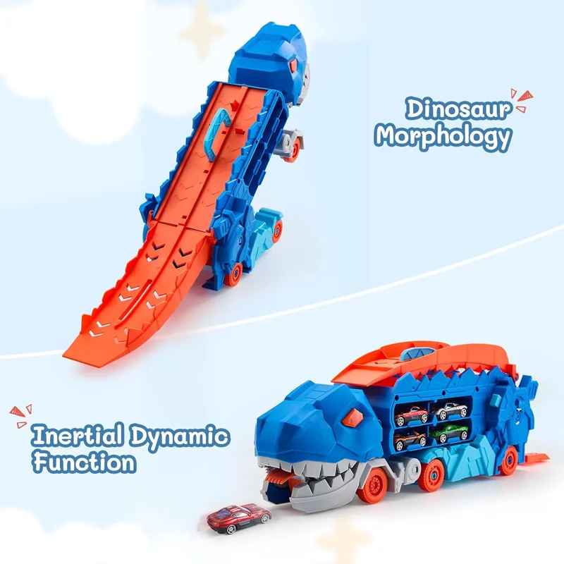 Opvouwbare transportdinosaurustruck met glijdende racebaan transformeert in staande T-rex Beste verjaardagscadeaus Speelgoed Jongens Meisjes Kind
