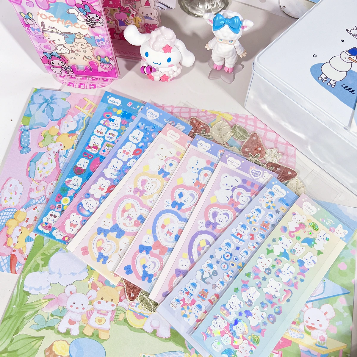 

SKYSONIC 3-5-6pcs Flora Sticker Kawaii Bear Rabbit DIY Frame Decor Materials Korean Agenda Journal Stationery Suppliers