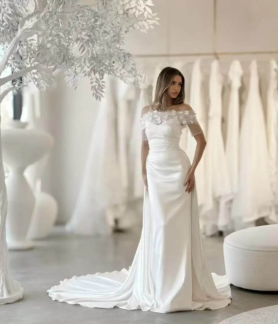 فساتين زفاف حورية البحر بسيطة بيضاء قبالة الكتف ثلاثية الأبعاد زهرة الساتان فستان الزفاف 2026 فساتين حفلات الزفاف حسب الطلب #1