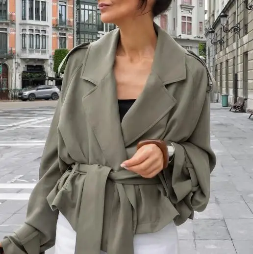 Women's Jacket 2025 Spring Autumn New Solid Color Windbreaker Notched Collar Long Sleeve Commuter Temperament Lace Up Jacket