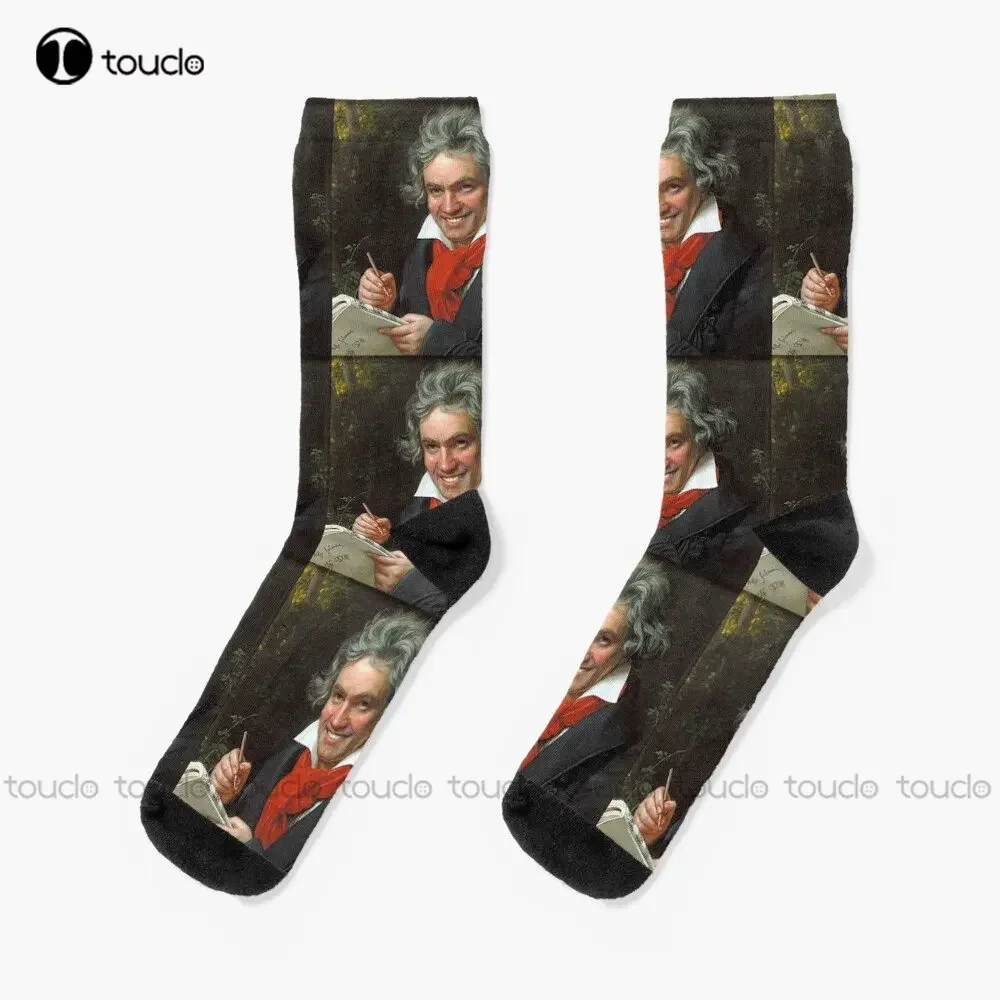 Calcetines sonrientes de Ludwig Van Beethoven, arte famoso, compositor de música, Meme, calcetines con bandera americana, calcetines para monopatín callejero, regalo personalizado, divertido