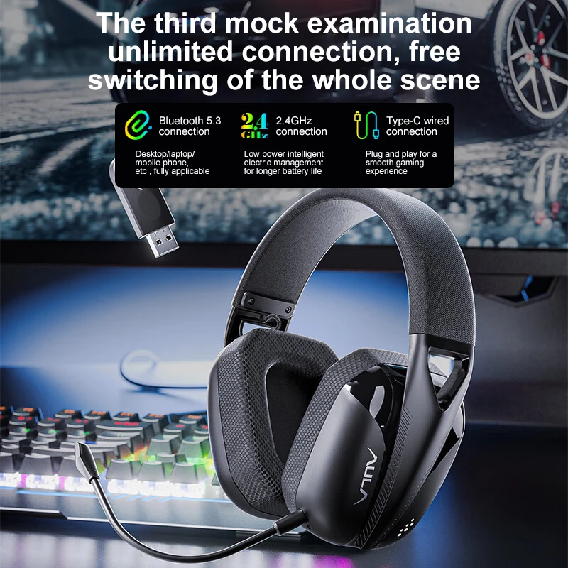 AULA S8 Gaming Headset with Three Mode Connection Lightweight Design Detachable Microphone Esports Headset