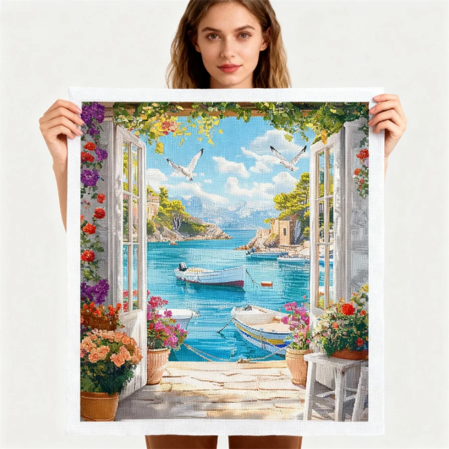 2026年新作-海辺の街-クロスステッチ-海景模様-手芸-ホビー-クラフト-11ct絵画-フルプリントキャンバス-寝室用