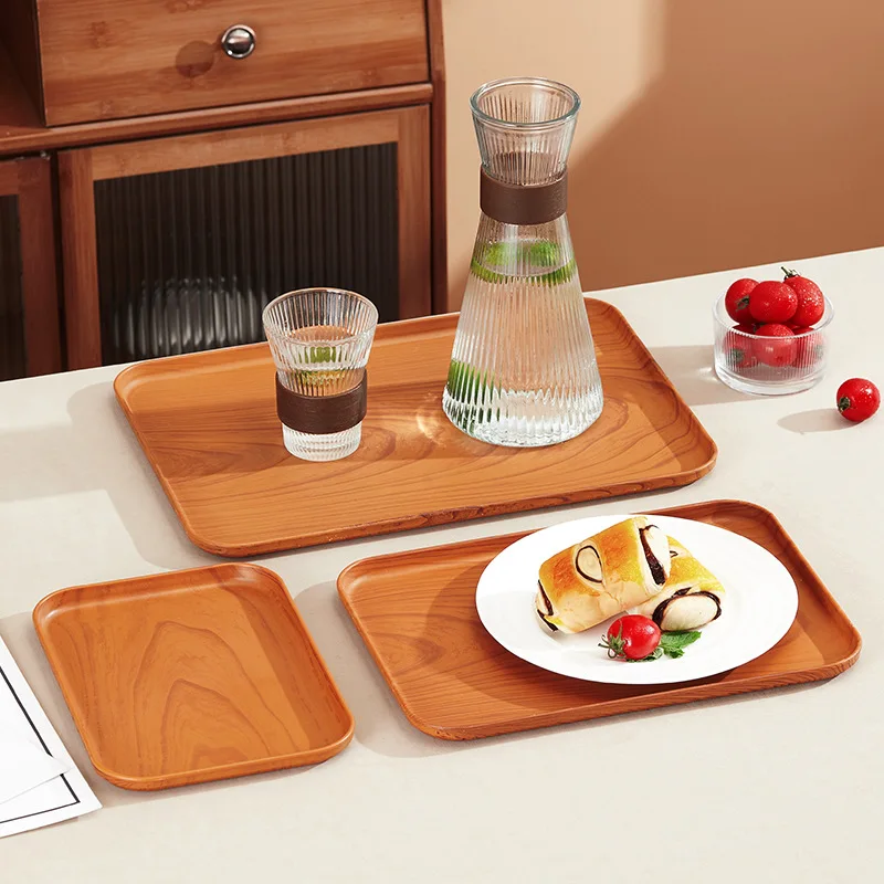 PP Plastic Tray Coffee Food Cup Trays Decorative Wood Grain Rectangular for Storage Dish Dessert Candy Tea Kitchen Supplies