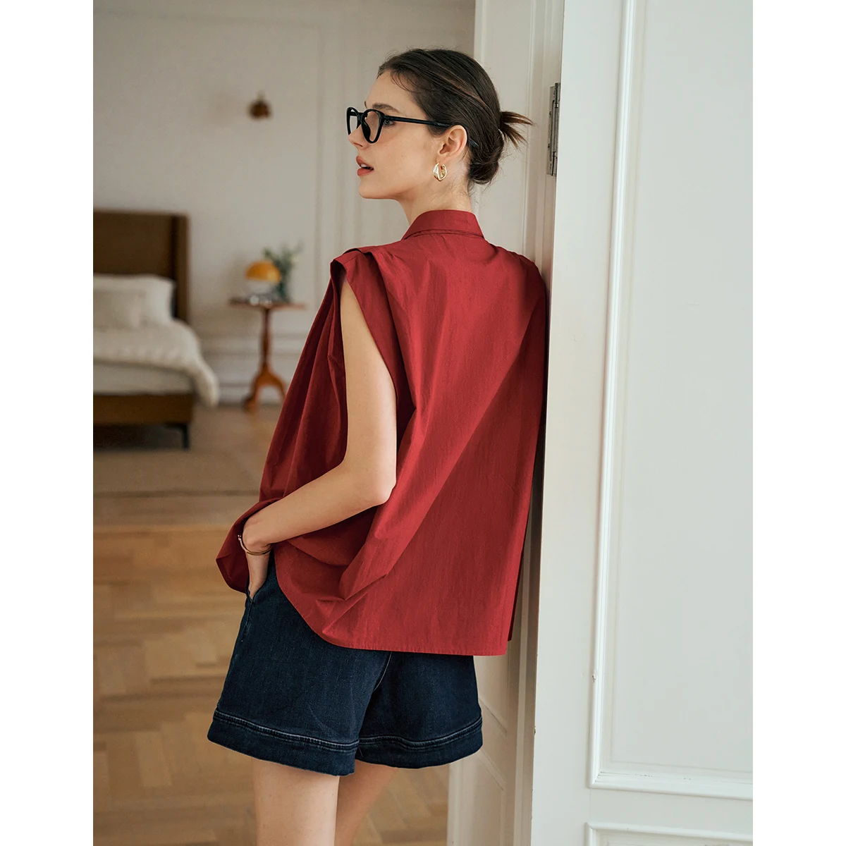 OLrain Women Summer Red Shirts 2025 Woman Elegant Stand Up Bow Neck Short Sleeve Commuter Lady Tops Female Clothing O57XC92393