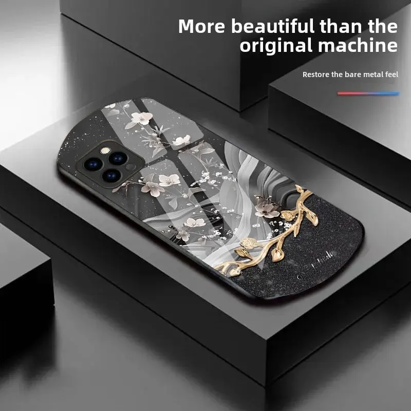 

Traditional Chinese floral pattern elliptical TPU glass phone case, suitable for iPhone 17, 16, 15, 14, 13, 12, 11, etc.