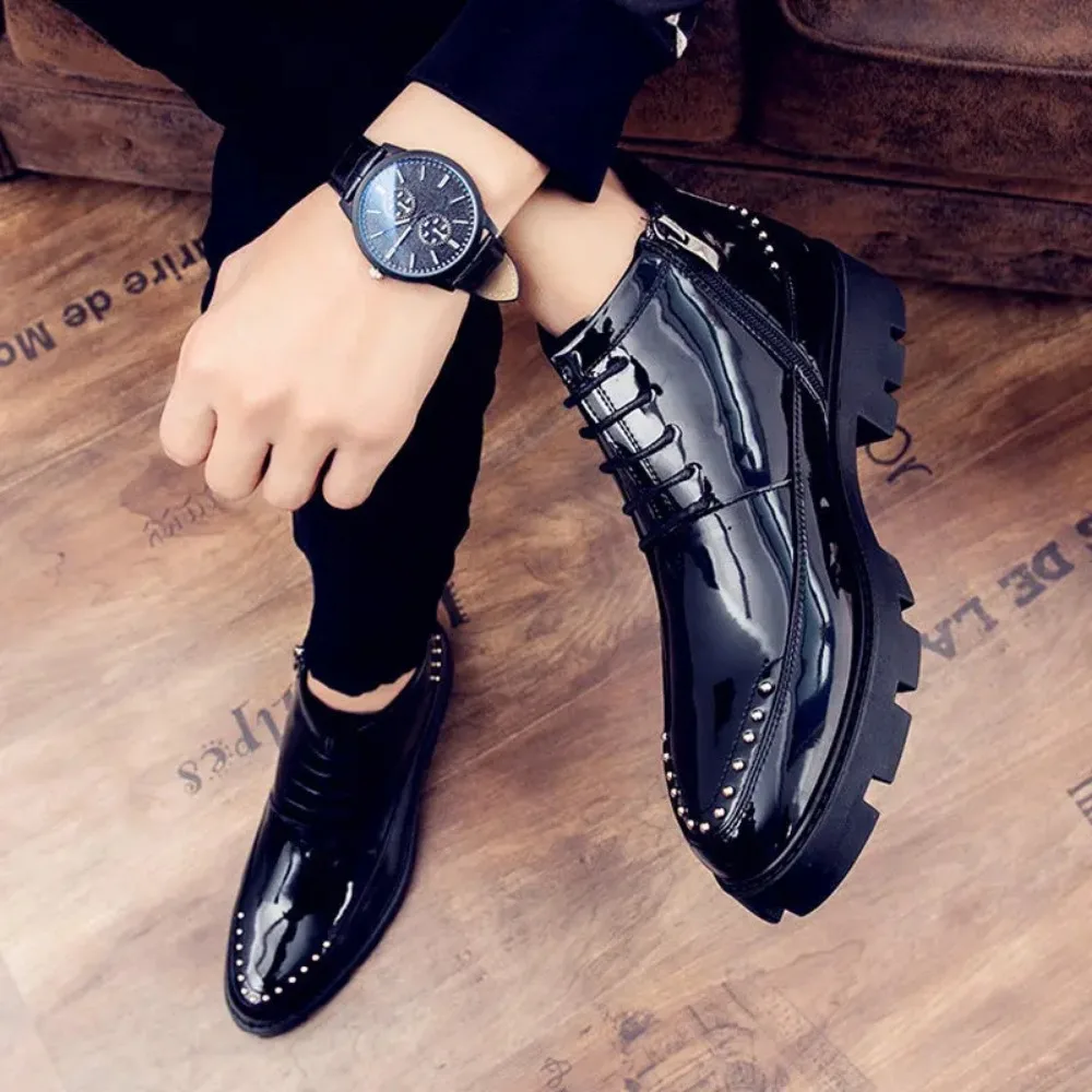 Male Patent Leather Moccasins Shoes High Top Italian Formal Dress Brogue Oxford Wedding Business Shoes Boots 2024