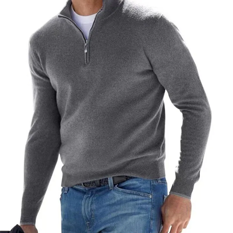 Autumn Winter New Fashion Mens Sweaters Slim Fit Long Sleeve Zipper Stand Collar Knitted Jumpers Men Vintage Solid Color Sweater