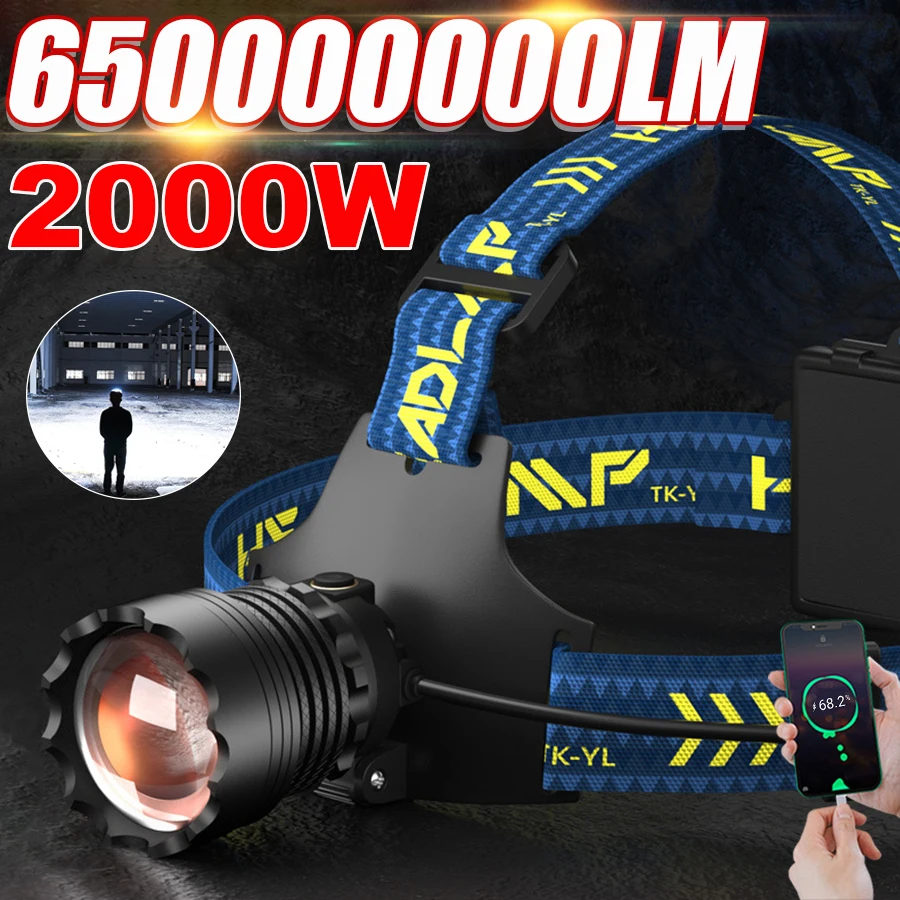 

650000000LM налобный фонарь с регулируемой яркостью, 2000 Вт, светодиодный налобный фонарь, USB перезаряжаемый налобный фонарь, внешний аккумулятор, уличный фонарь для кемпинга и охоты