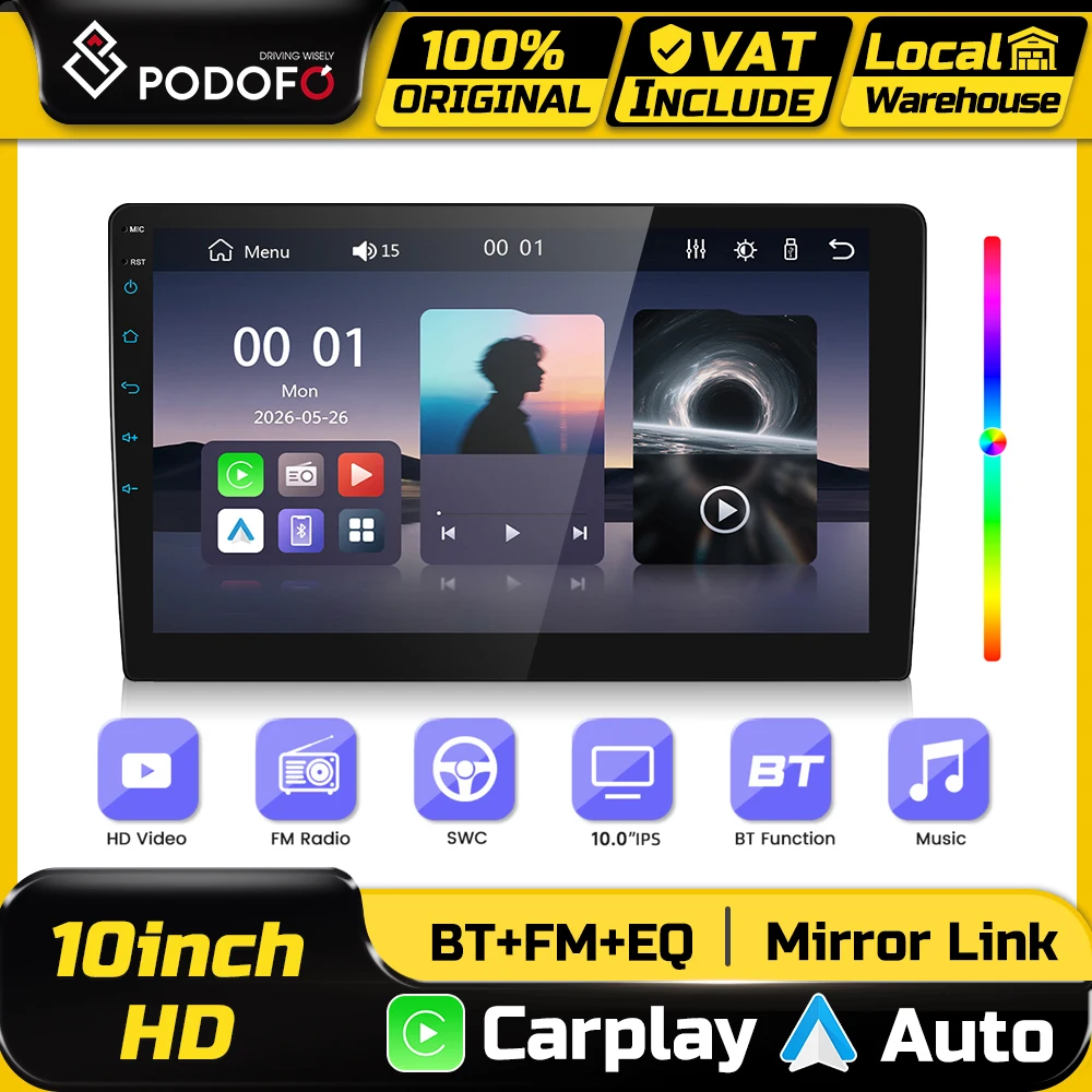 Podofo 2 Din 10 Zoll Autoradio MP5-Player mit Wireless Carplay / Android Auto Mirror Link, HD-Touchscreen, FM-Radio, Bluetooth, Multimedia-Video-Player, Unterstützung für Rückfahrkamera und DVR,