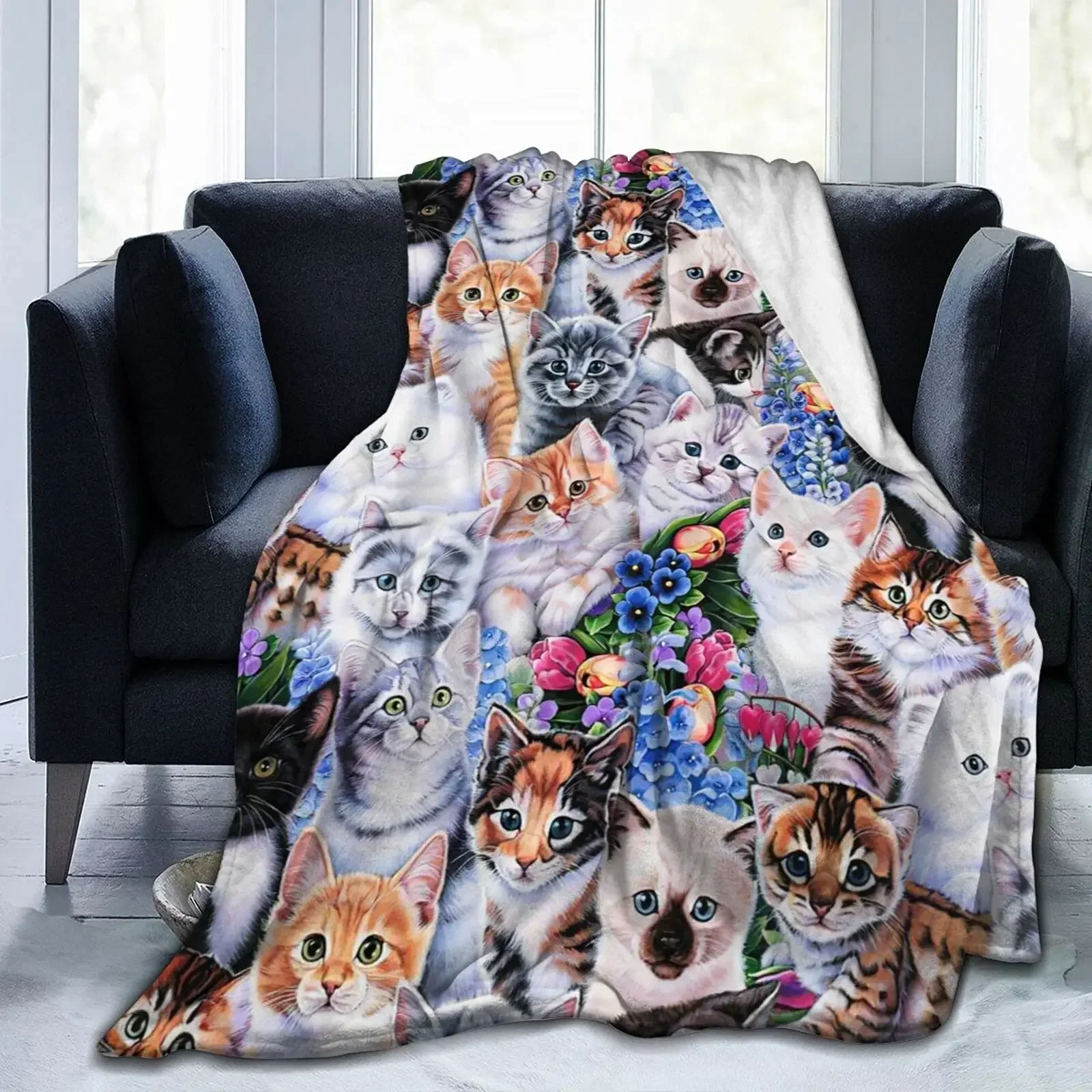 

Cute Cat with Blue Eyes Throw Blanket Super Soft for Sofa Bed and Couch Lightweight Butterfly Flannel Full Size