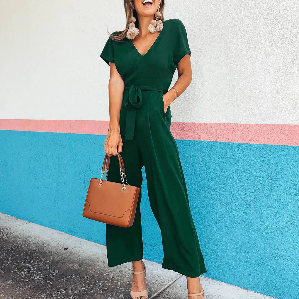 Frauen V-ausschnitt Overall Kurzarm Einfarbig Sommer Overall-spielanzug