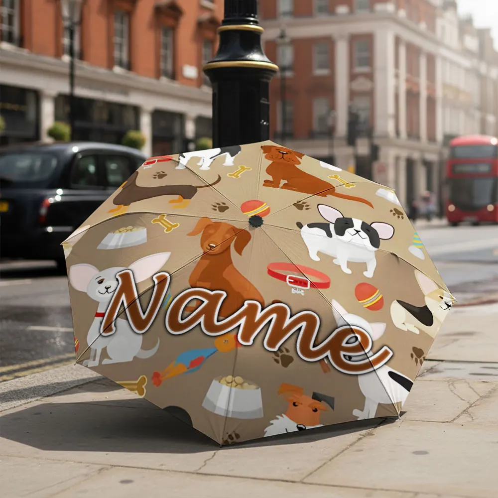 Custom Name Umbrella Mixed Dog Breeds Seamless Pattern Bone Pet Toy Print Folding Umbrella Compact Portable Travel Parasol,gift