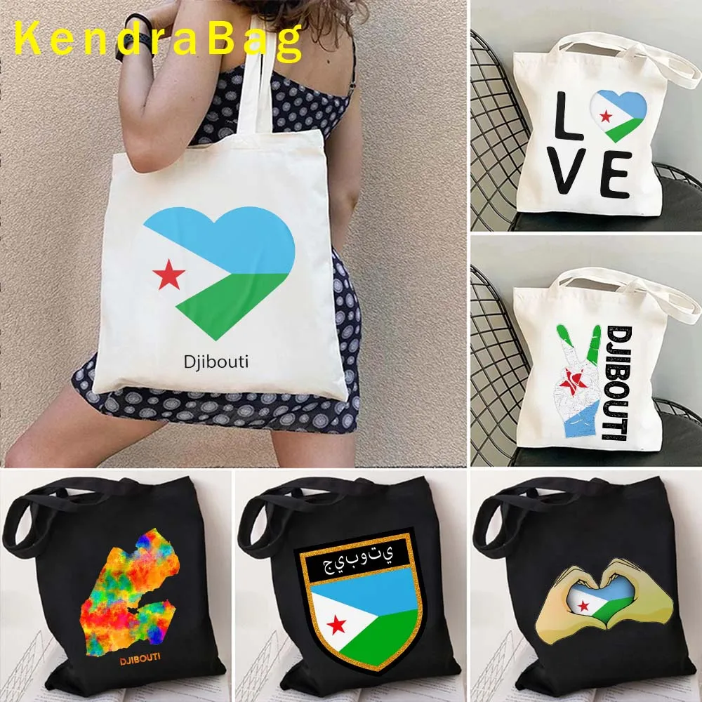 Djibouti Country Map Flag Round Emblem Magnet Love Heart Vintage Djiboutian Cute Shopper Harajuku Canvas Tote Bag Cotton Handbag