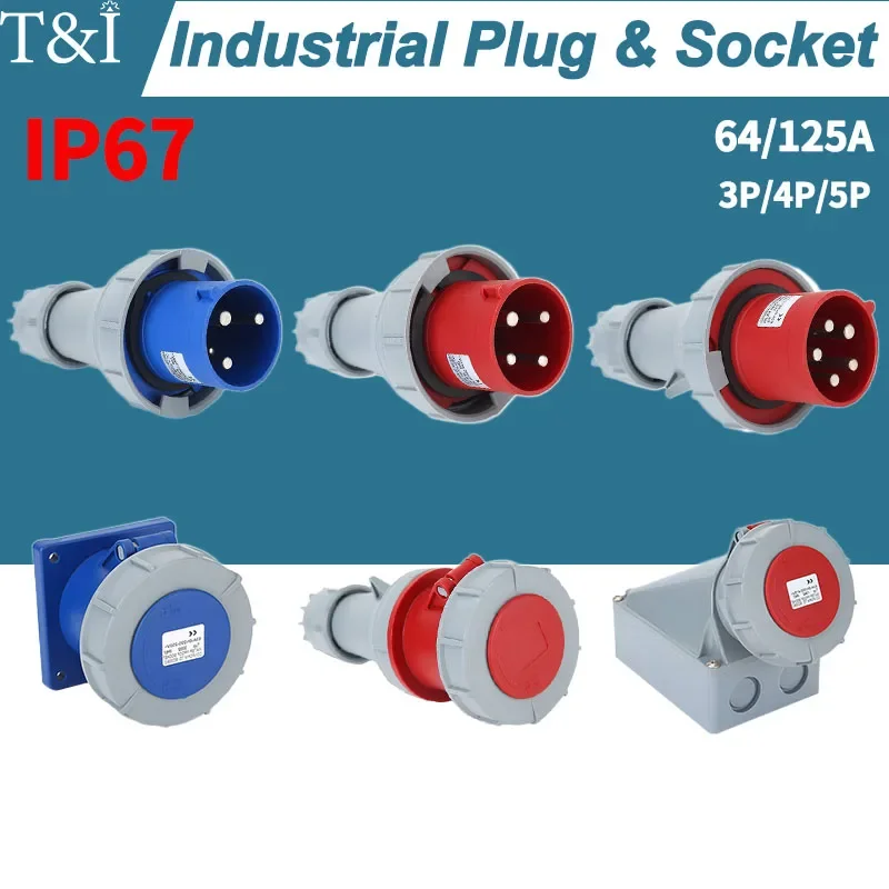 

63/125A Industrial Plug and Socket - 220V 380V Male/Female Connector for 3/4/5P with IP67 Waterproof Rating. Wall Mountable.