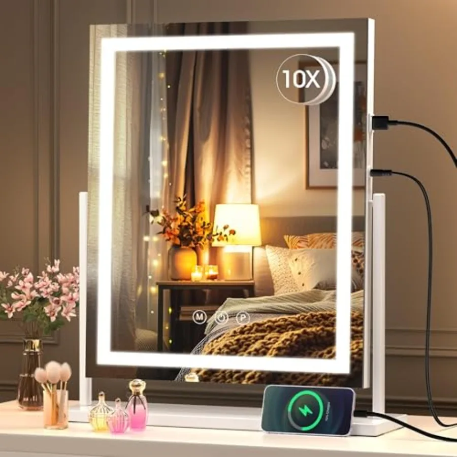 

LED Vanity Mirror 16" x20" - Smart Touch Makeup Mirror with 3-Color Lighting, Brightness Control, 10X Magnifying Glass and 360°