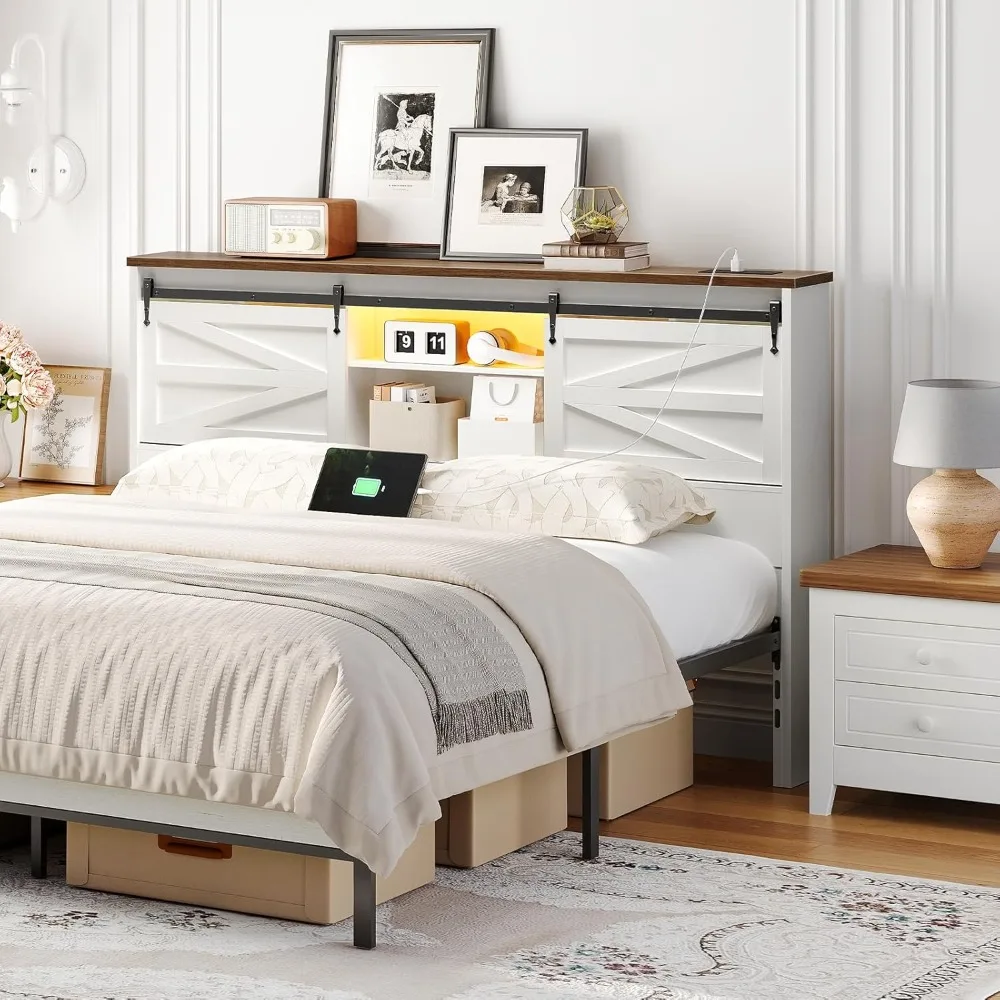 لوح رأس كوين مع رف تخزين، لوح أمامي كوين للمزرعة فقط مع محطة شحن وأضواء LED، لوح أمامي لخزانة الكتب #4