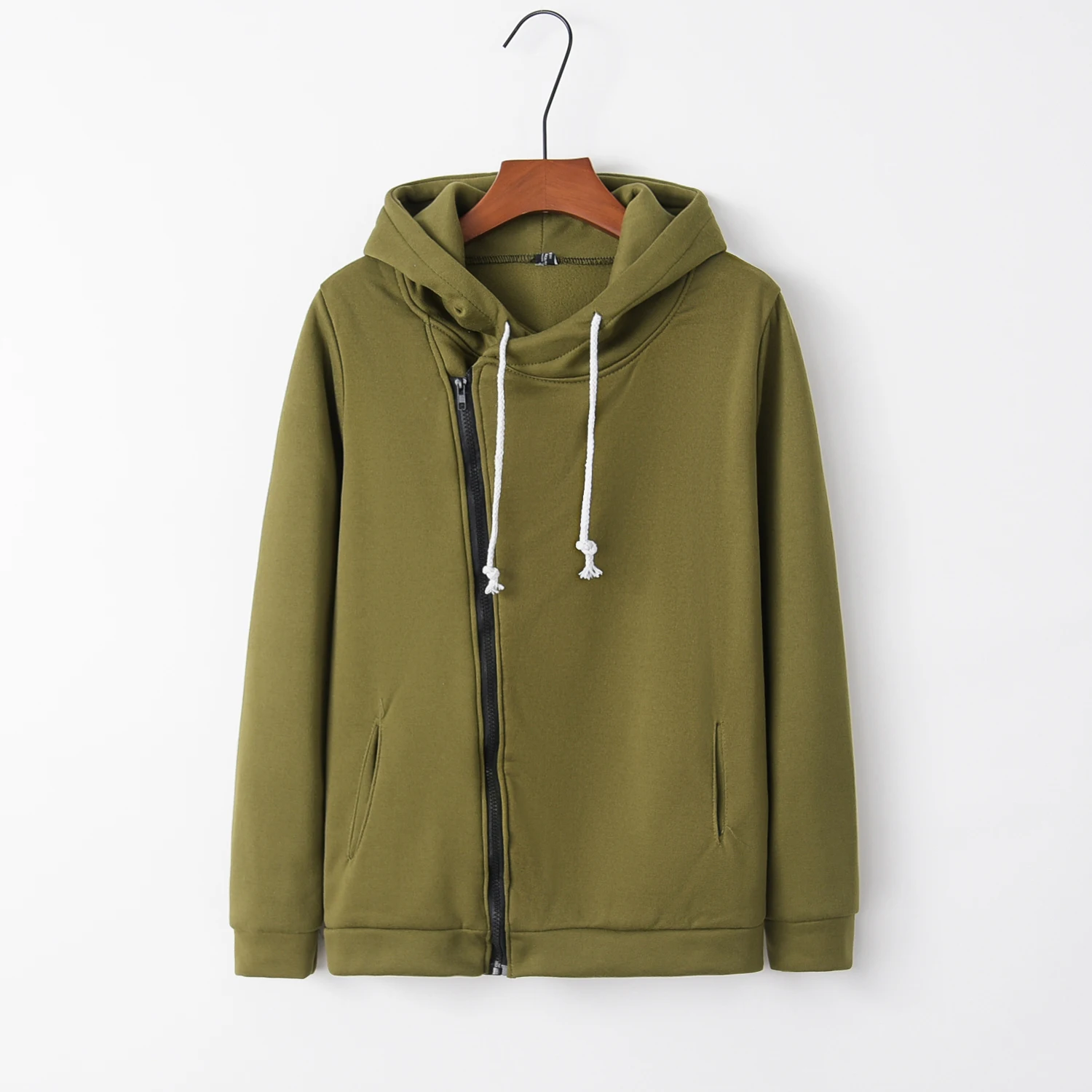 Hot Selling Autumn Fashion Long Sleeved Lapel Pocket Diagonal Zipper Hoodie Jacket