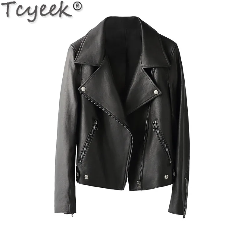 Tcyeek, chaqueta de cuero auténtico para mujer, ropa de otoño 2023, abrigo de piel de oveja auténtica, ropa de calle, chaquetas de motocicleta para mujer, chaqueta de cuero