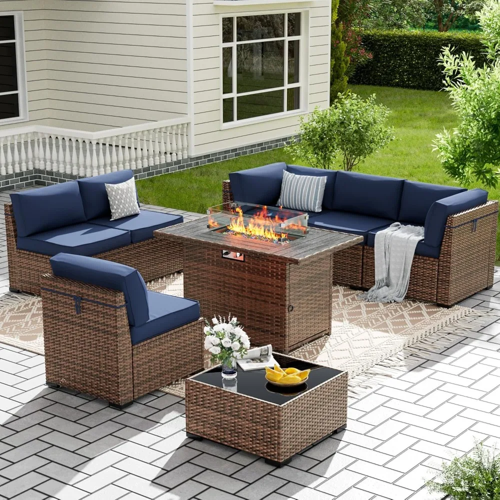 

8 Piece Patio Furniture Set with 44" Fire Pit Table, Patio Sofa with Glass Coffee Table, 2 Waterproof Sets, Navy Blue