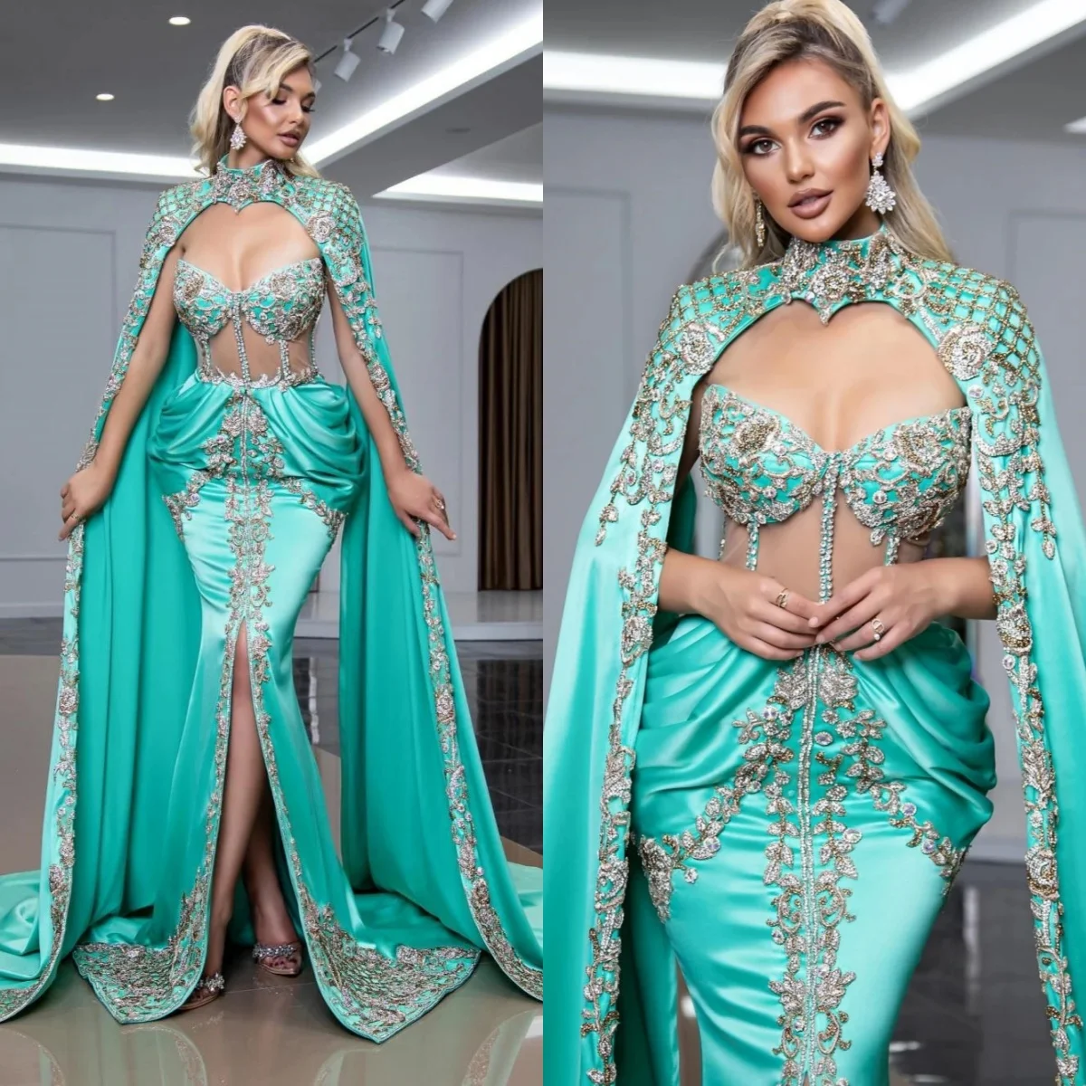 

Elegant Crystal Evening Dresses Beading Prom Dress with Cape Front Split Customized Mermaid Slim Party Gowns Vestidos De Noche