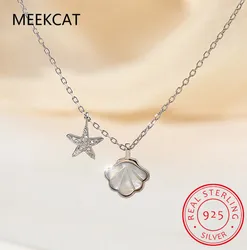 925 Sterling Silver Starfish Shell Pendant Necklace For Women Micro-Inlaid Shiny Zircon Clavicle Chain Party Jewelry Gift