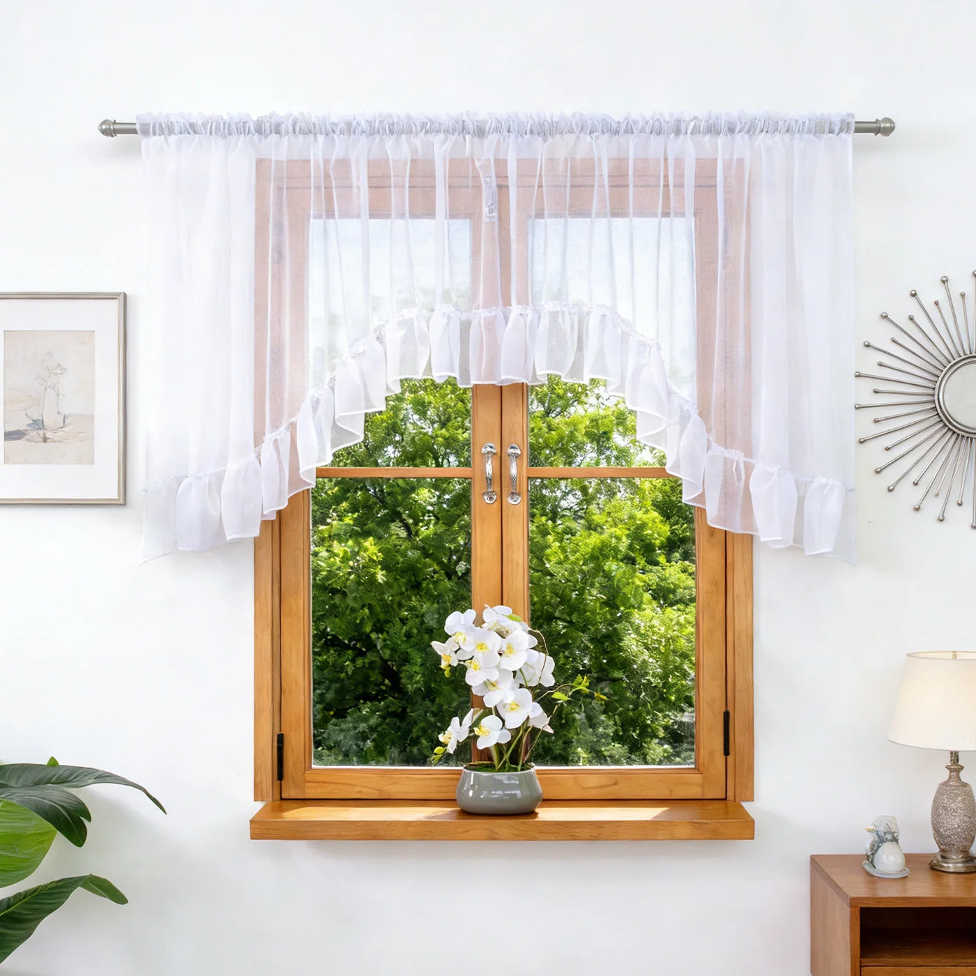 1 Stück weißer transparenter Vorhang mit Rüschenbesatz und 6 cm Faltenband, gewölbter Tüll für Küche, Wohnzimmer und Café, schönes Einweihungsgeschenk