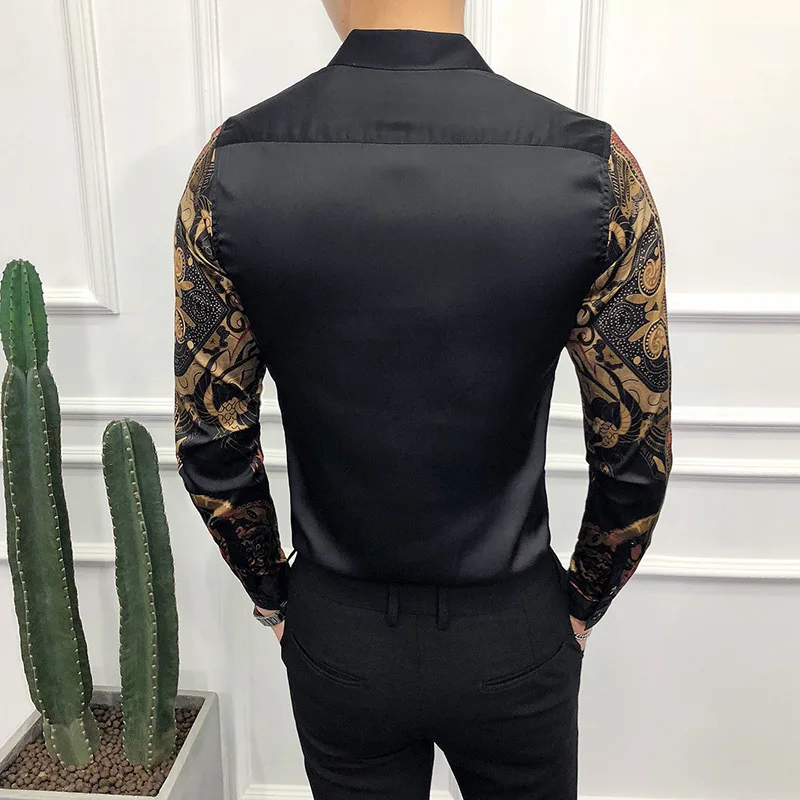 Plus Size 6XL-M 2022 Spring Gold Print Shirts Social Club Clothing Luxury Baroque Shirts Slim Long Sleeves Mens Designer Shirts