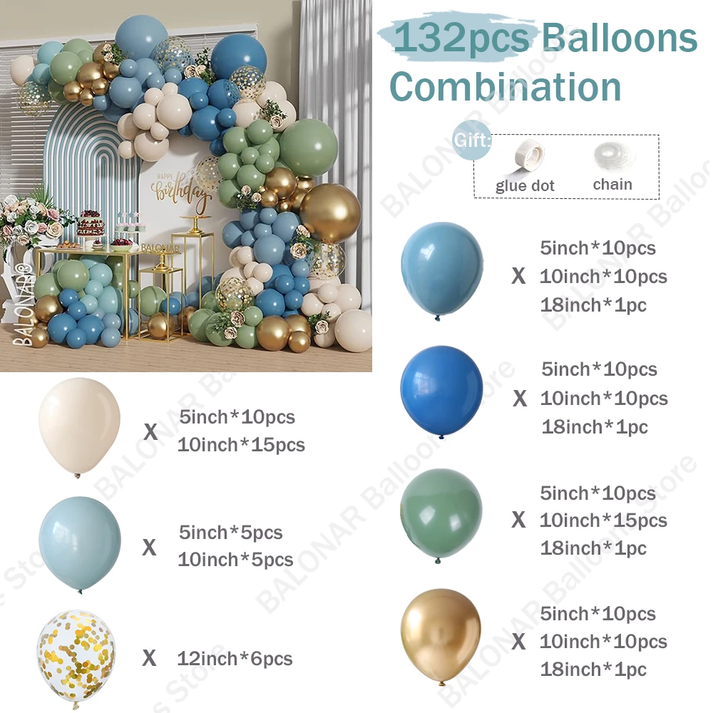 132pcs Balloon Garland Arch Kit Blue Green White Metallic Gold Latex Balloons Birthday Party Decoration Kids Baby Shower Balloon