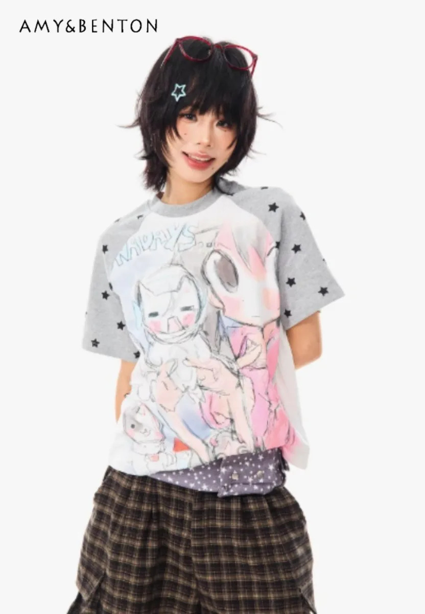 

Cartoon Girl Print Star Short Sleeve T-Shirt Women’s Summer New Loose Slimming Petite Round Neck Top Graphic T Shirts
