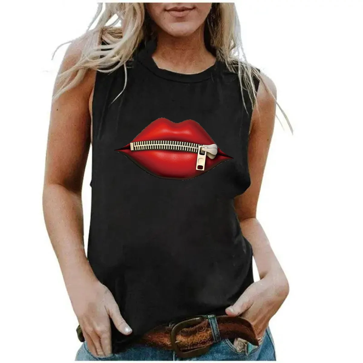 Damski letni czerwony nadruk z ustami Luźny rozmiar Oddychający i wygodny raper bez rękawów Graficzne koszulki z okrągłym dekoltem Tank Top T-shirt