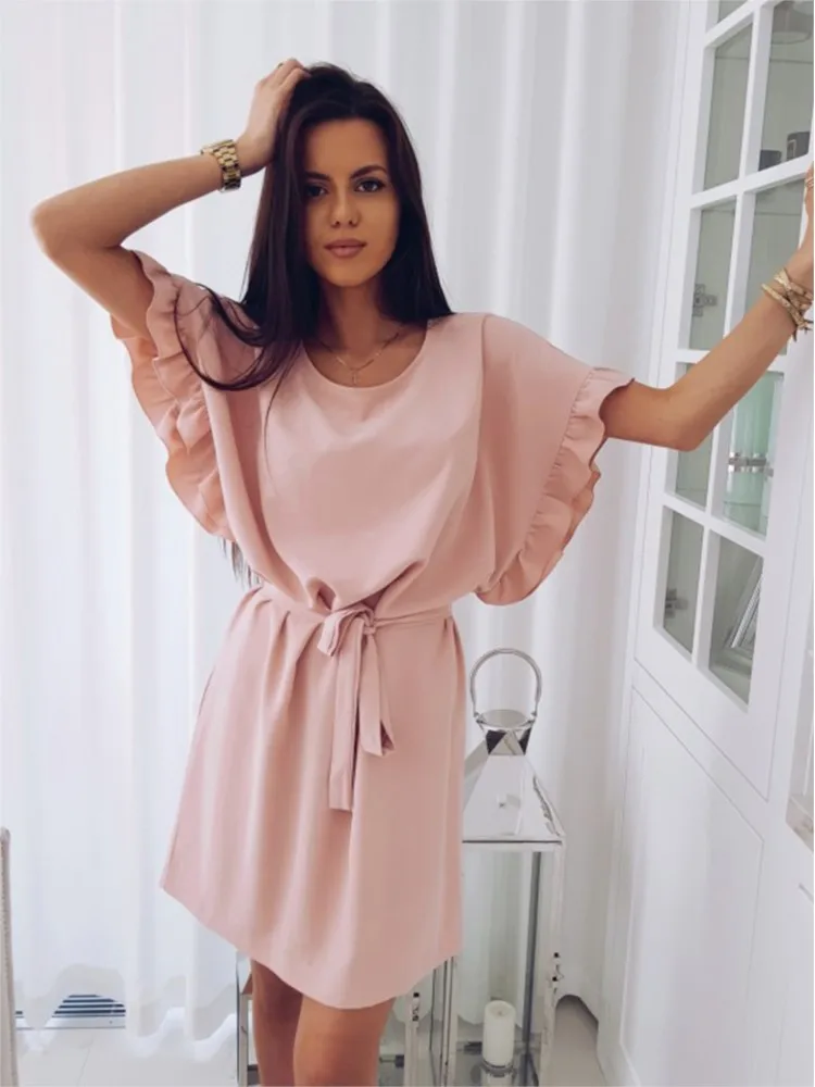 

2025 New Loose Large Size Belt Sleeve Round Neck Women's Short Dress Fashionable Casual Ruffle Lace-up Mini Dress Females