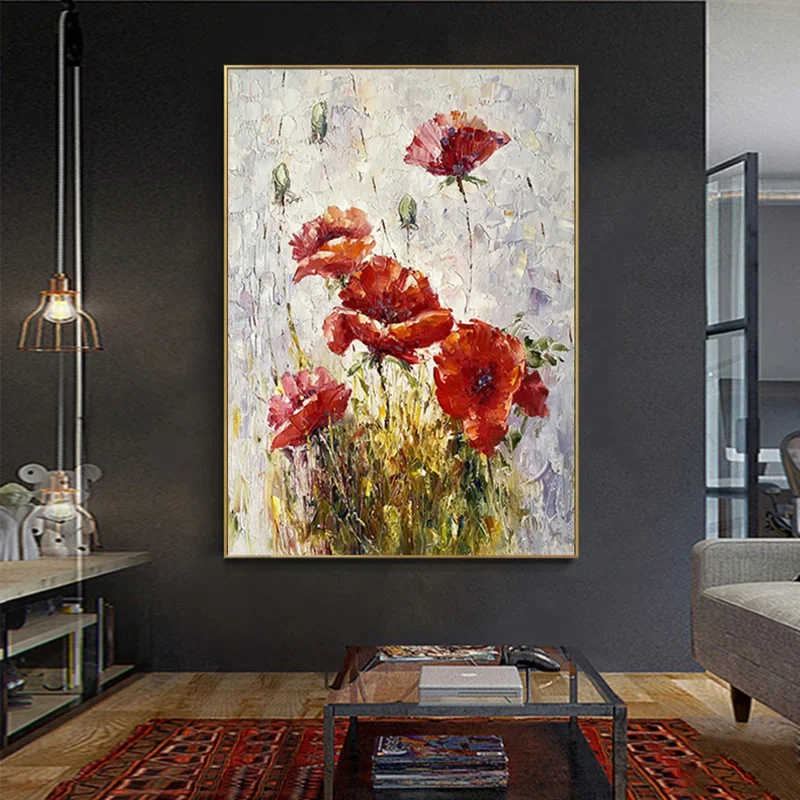 

Handmade Textured Red Flower Oil Painting, Hand Painted Large Abstract Knife Flower Artwork, Canvas Painting for Wall Decoration