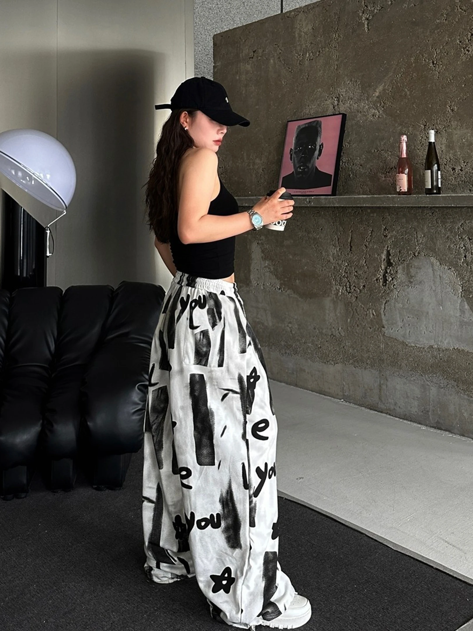 

Новые женские хлопковые спортивные брюки на весну с эластичным поясом, широкими штанинами, принтом, свободного кроя, с манжетами, повседневные, длинные