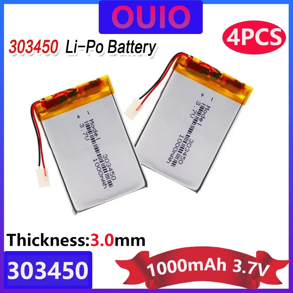 4pcs 3.7V 1000mAh 303450 Lithium Battery 3.7 Volt Li-polymer Lipo Bateria For Remote Control Headphone Mini Camera LED Light