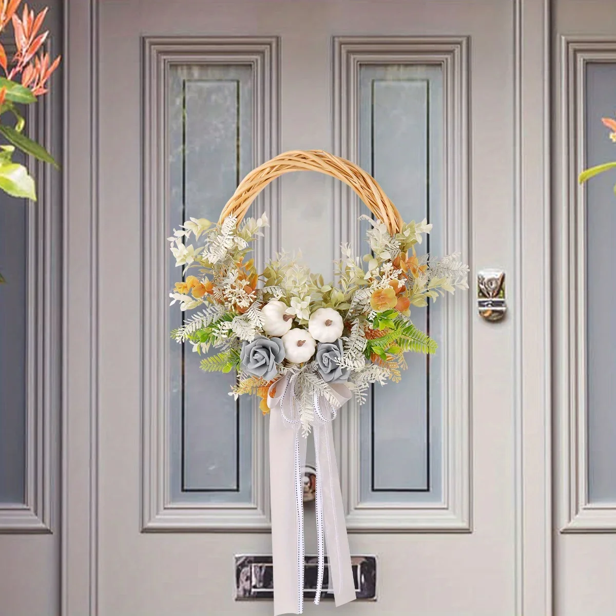 

Rustic Style White Pumpkin Wreath Patio Door Decoration Simulation Flowers Withered Rattan Circle Door Hanging