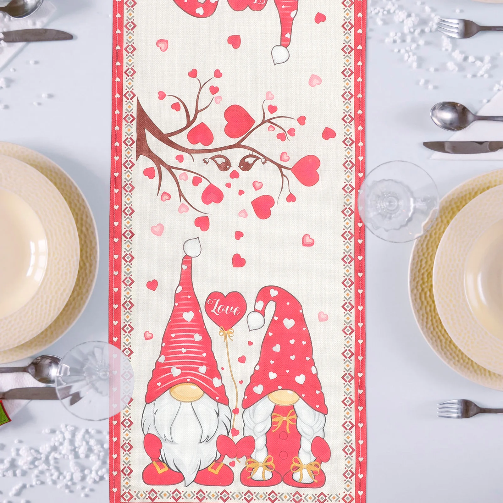 

Long Table Runner Valentine Gnome Theme Cotton Linen Waterproof Heart Design for Party Dining Decoration Romantic