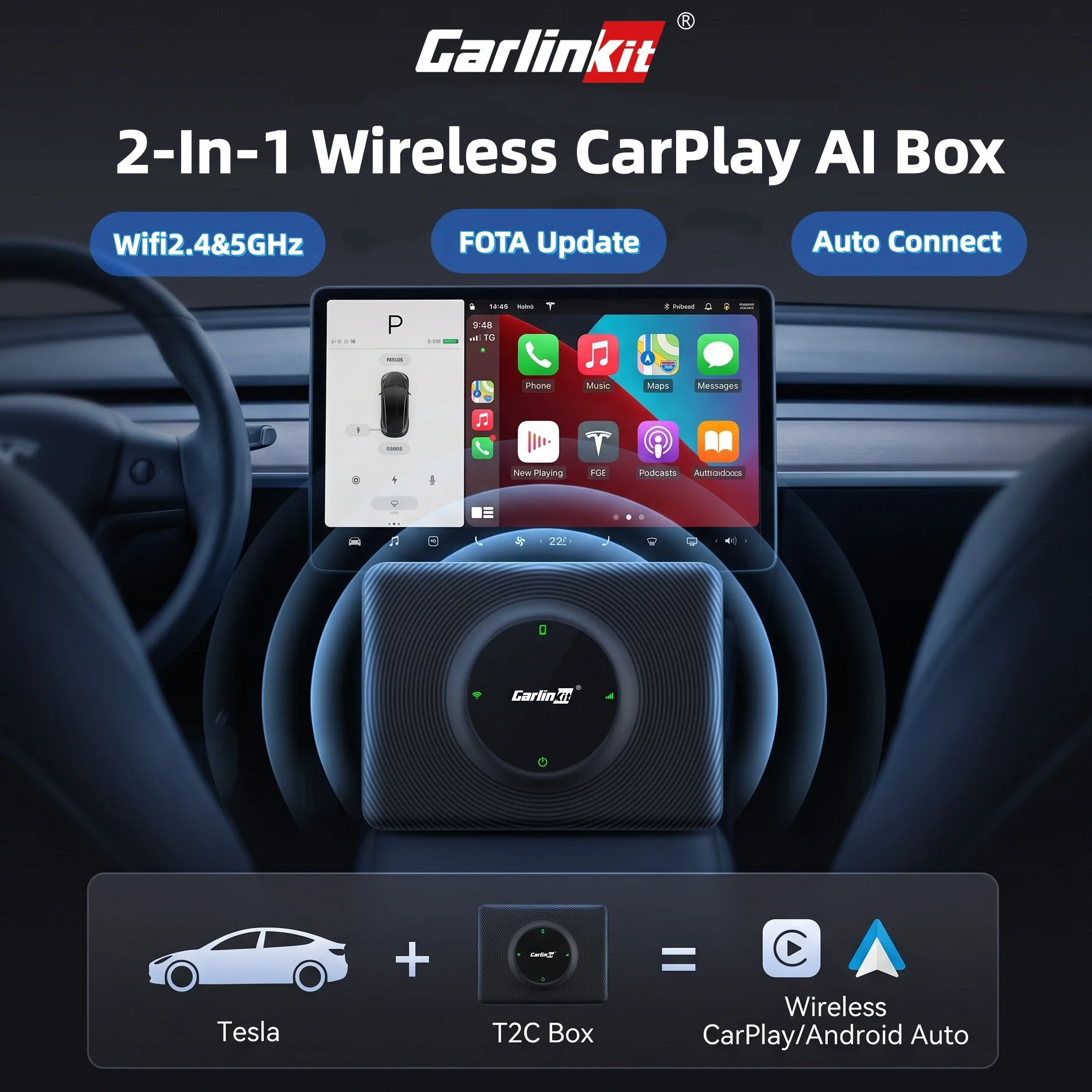 CarlinKit T2C Wireless CarPlay Android Auto AI Box 2026 Auto Connect Android Auto Wireless  Adapter For Tesla Model Y Model 3 Smart Car Systems Spotify