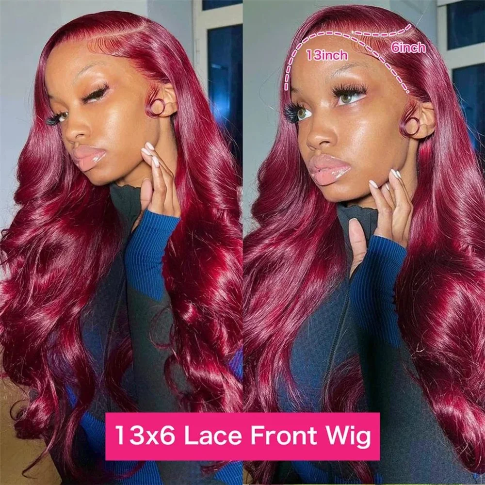 

99J Burgundy 13x4 HD Transparent Lace Frontal Wig Body Wave Red Colored Human Hair Wigs 13x6 Hd Lace Front Wig 220% 30 32 36Inch