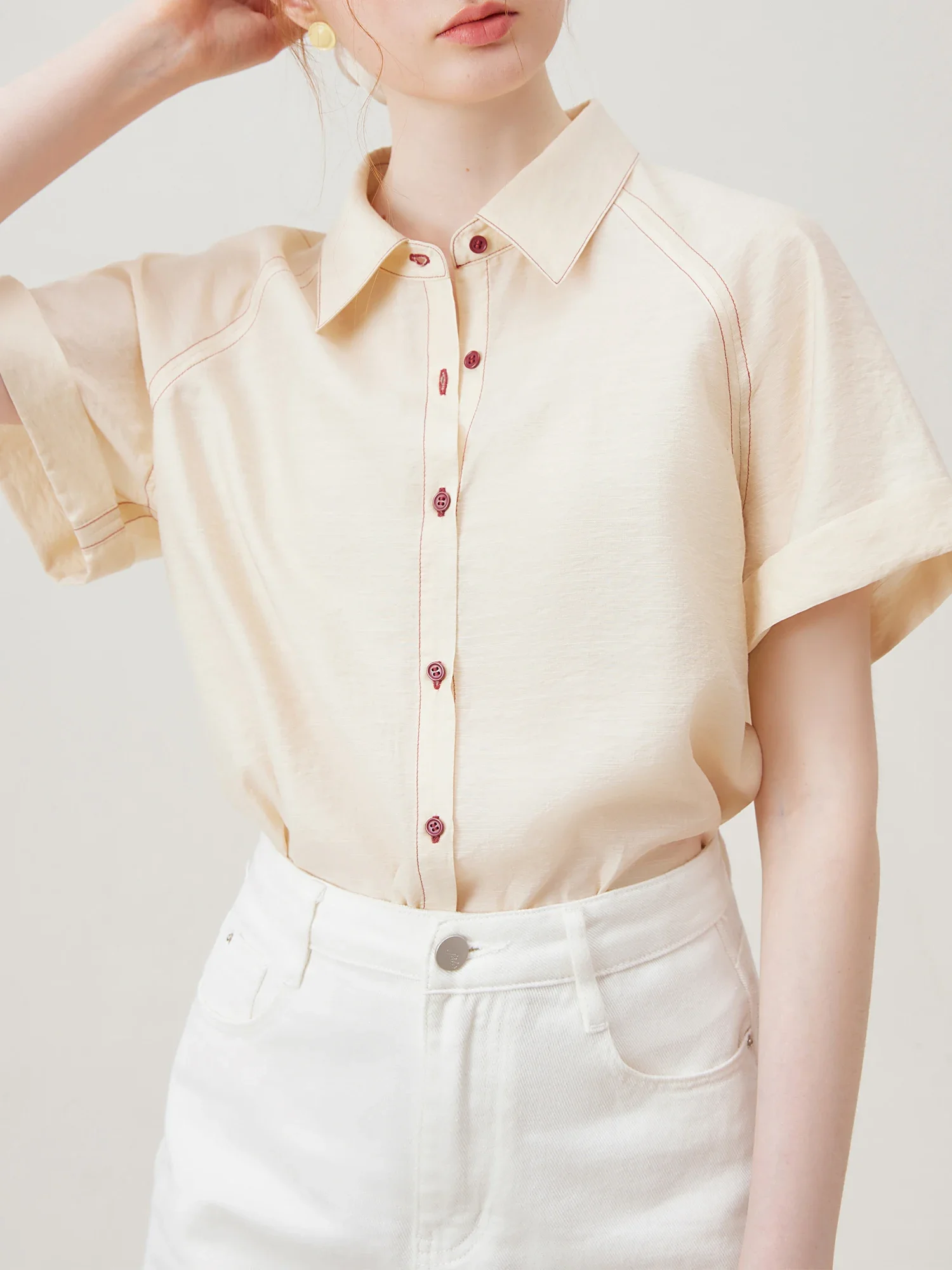 FSLE Women Summer Shirts Raglan Sleeve Female Short Sleeve Beige Yellow Blouses Single Breasted Thin Linen Shirt 24FS18074