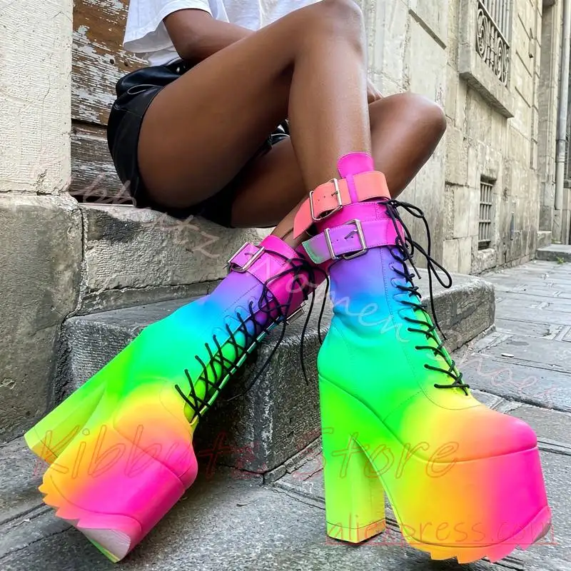 Rainbow Platform Knee High Boots Multi Buckle Strap Lace Up Chunky Heel Women Round Toe Mixed Color Leather Fashion Elegant Sexy