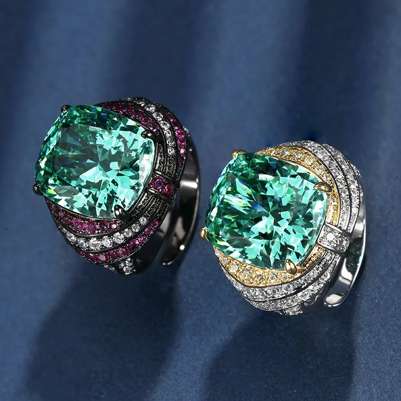 

NEW Retro 14*16MM Paraiba Green Tourmaline Lab Diamond Ring Gemstone Party Fine Jewelry Band for Women Accessories Birthday Gift
